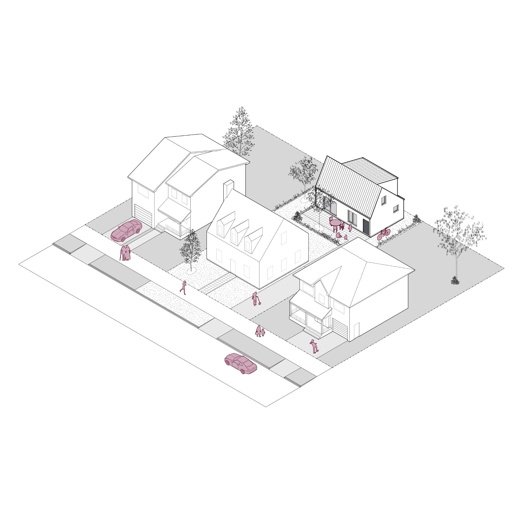 Rendu filaire 3D du logement accessoire 02, d’une superficie d’environ 614 pieds carrés. L’image montre l’intégration du logement dans un quartier, en mettant l’accent sur l’utilisation efficace de l’espace et sur l’aménagement d'un bâtiment de deux étages. Le logement se trouve à proximité d’habitations voisines, de véhicules, de trottoirs et d’arbres, ce qui souligne son emplacement dans un quartier résidentiel.